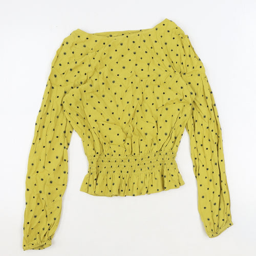 Marks and Spencer Womens Yellow Floral Viscose Basic Blouse Size 8 Boat Neck - Shirred Waist