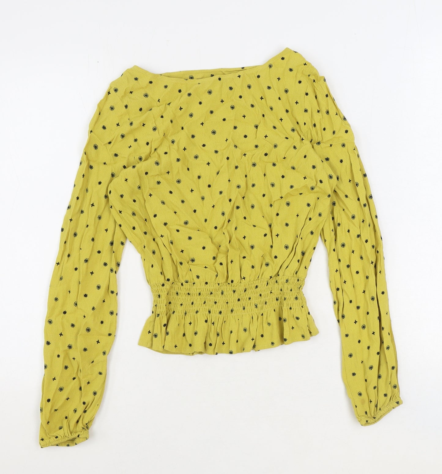 Marks and Spencer Womens Yellow Floral Viscose Basic Blouse Size 8 Boat Neck - Shirred Waist