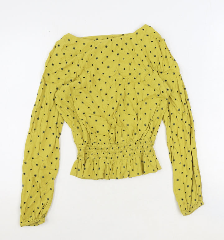 Marks and Spencer Womens Yellow Floral Viscose Basic Blouse Size 8 Boat Neck - Shirred Waist