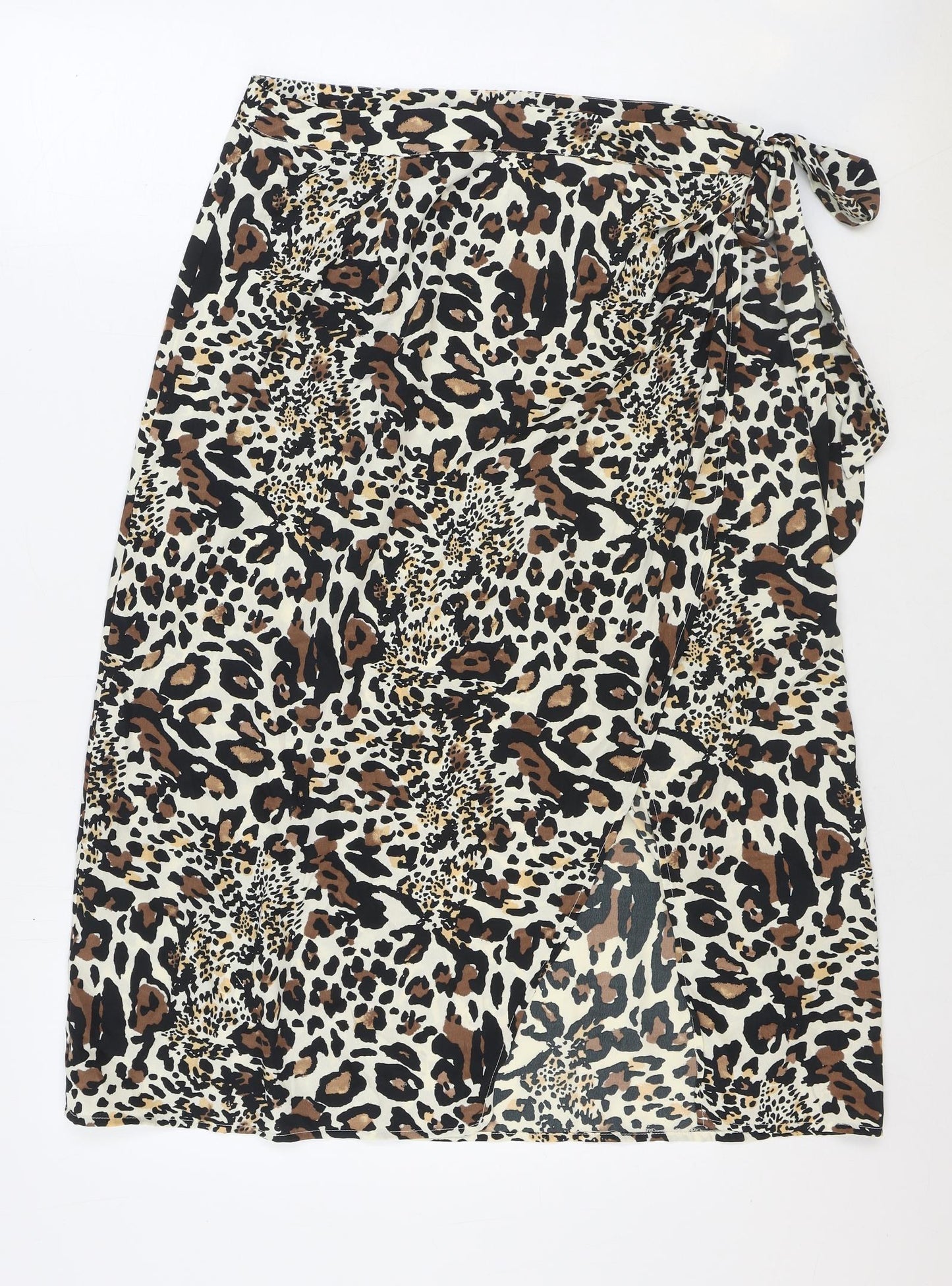 PEP&CO Womens Brown Animal Print Polyester Wrap Skirt Size 14 Button - Leopard Pattern