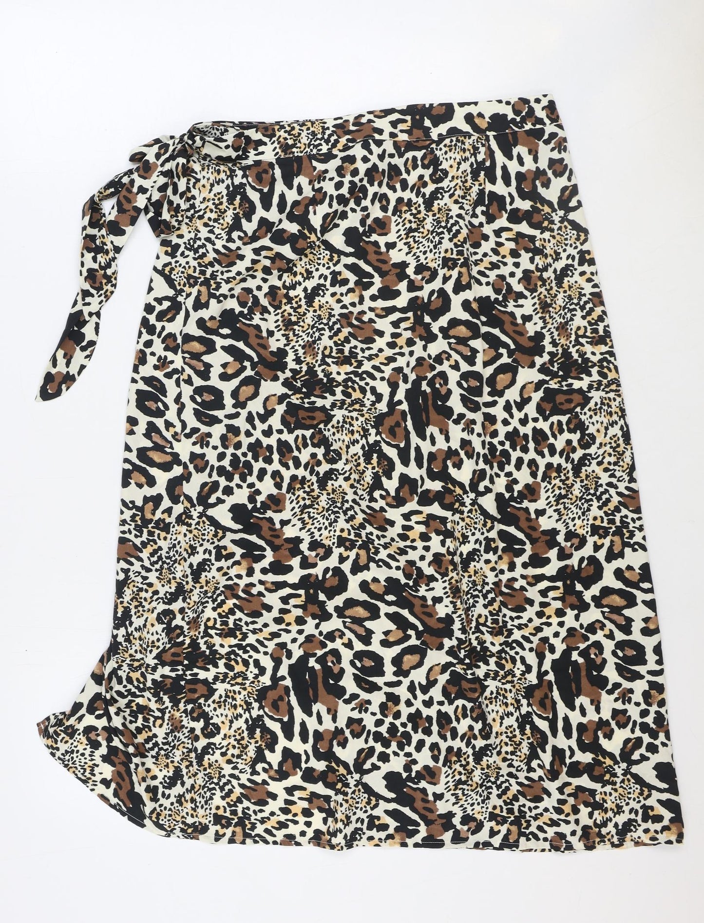 PEP&CO Womens Brown Animal Print Polyester Wrap Skirt Size 14 Button - Leopard Pattern
