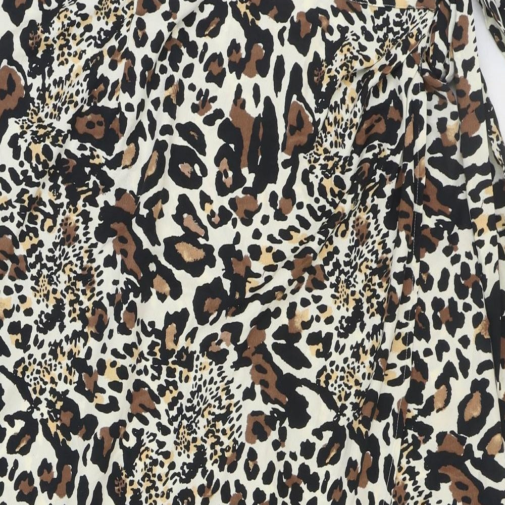 PEP&CO Womens Brown Animal Print Polyester Wrap Skirt Size 14 Button - Leopard Pattern
