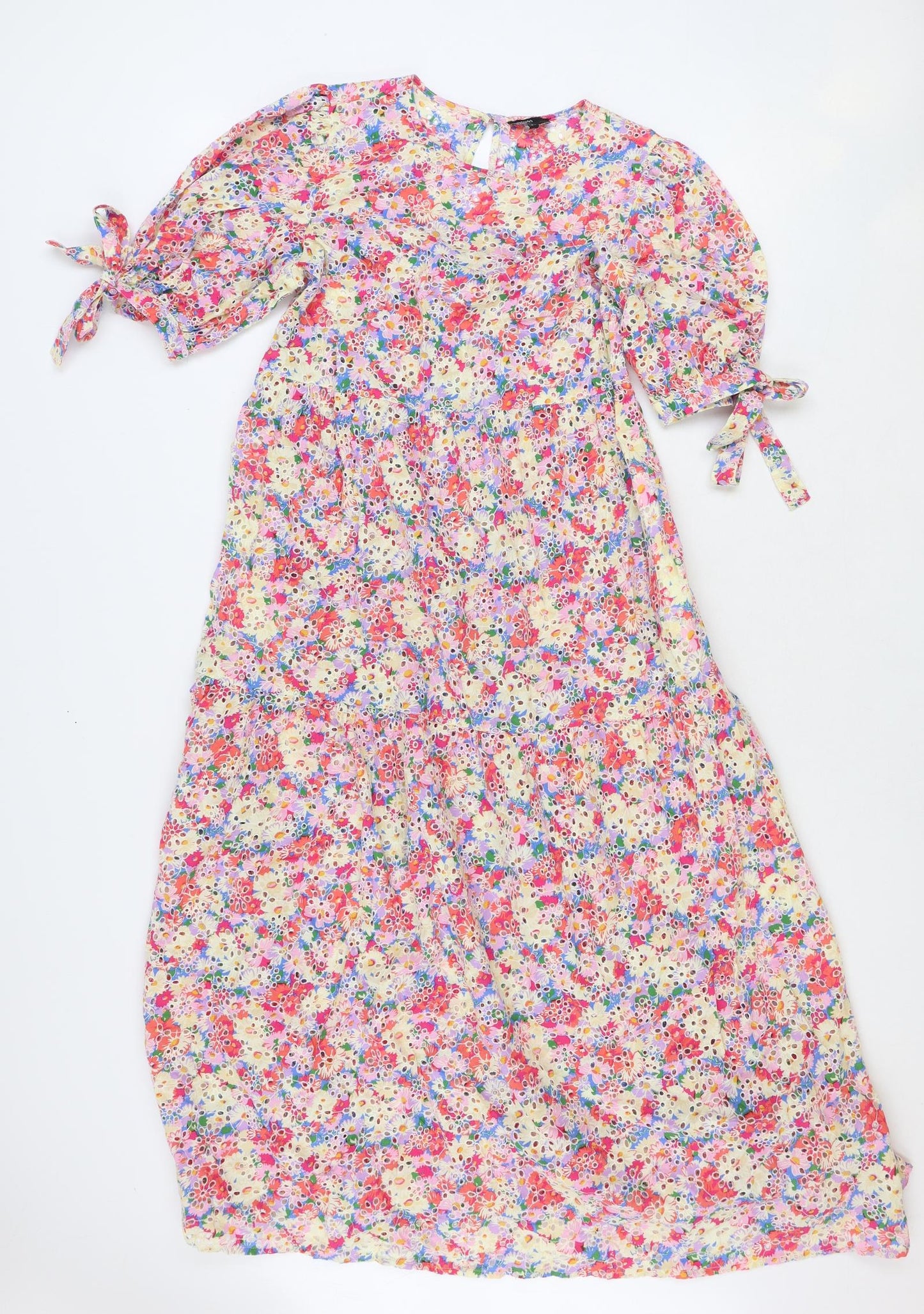 Nobody's Child Womens Multicoloured Floral 100% Cotton A-Line Size 12 Round Neck Button - Tie Sleeve Detail