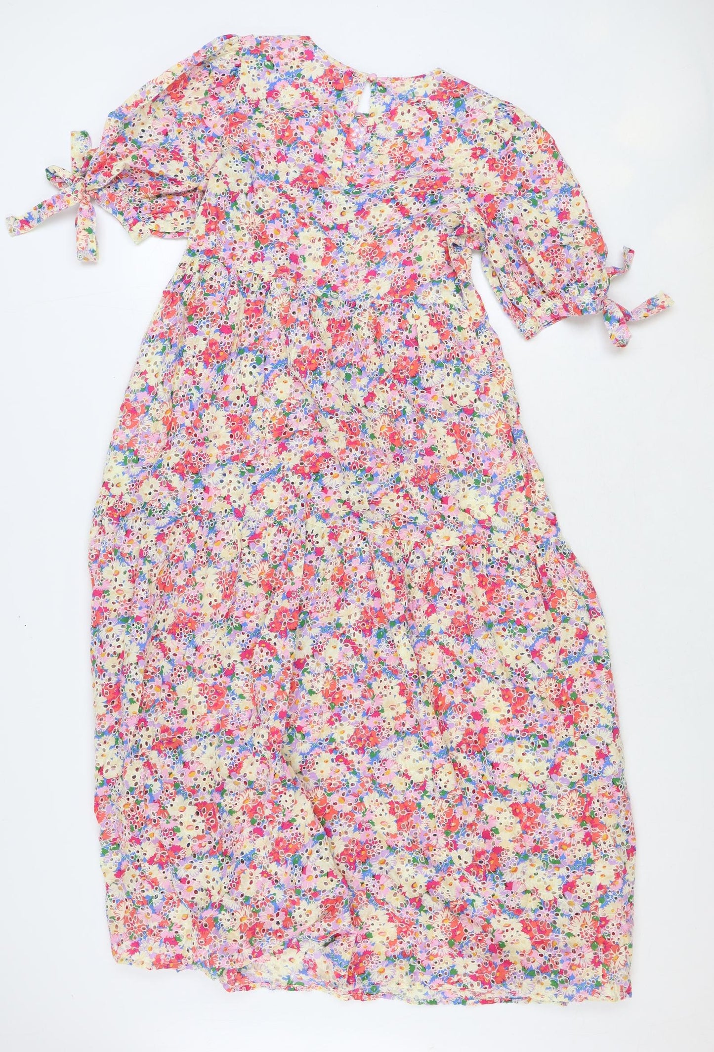 Nobody's Child Womens Multicoloured Floral 100% Cotton A-Line Size 12 Round Neck Button - Tie Sleeve Detail