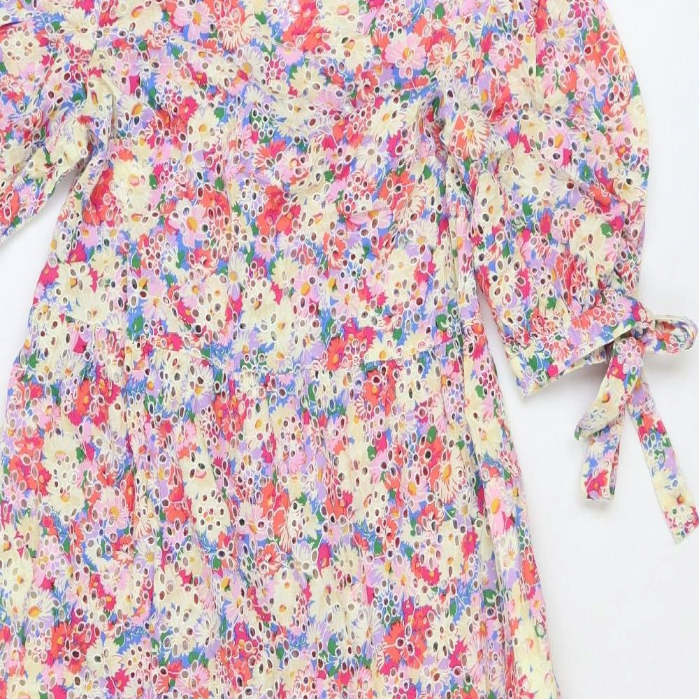 Nobody's Child Womens Multicoloured Floral 100% Cotton A-Line Size 12 Round Neck Button - Tie Sleeve Detail