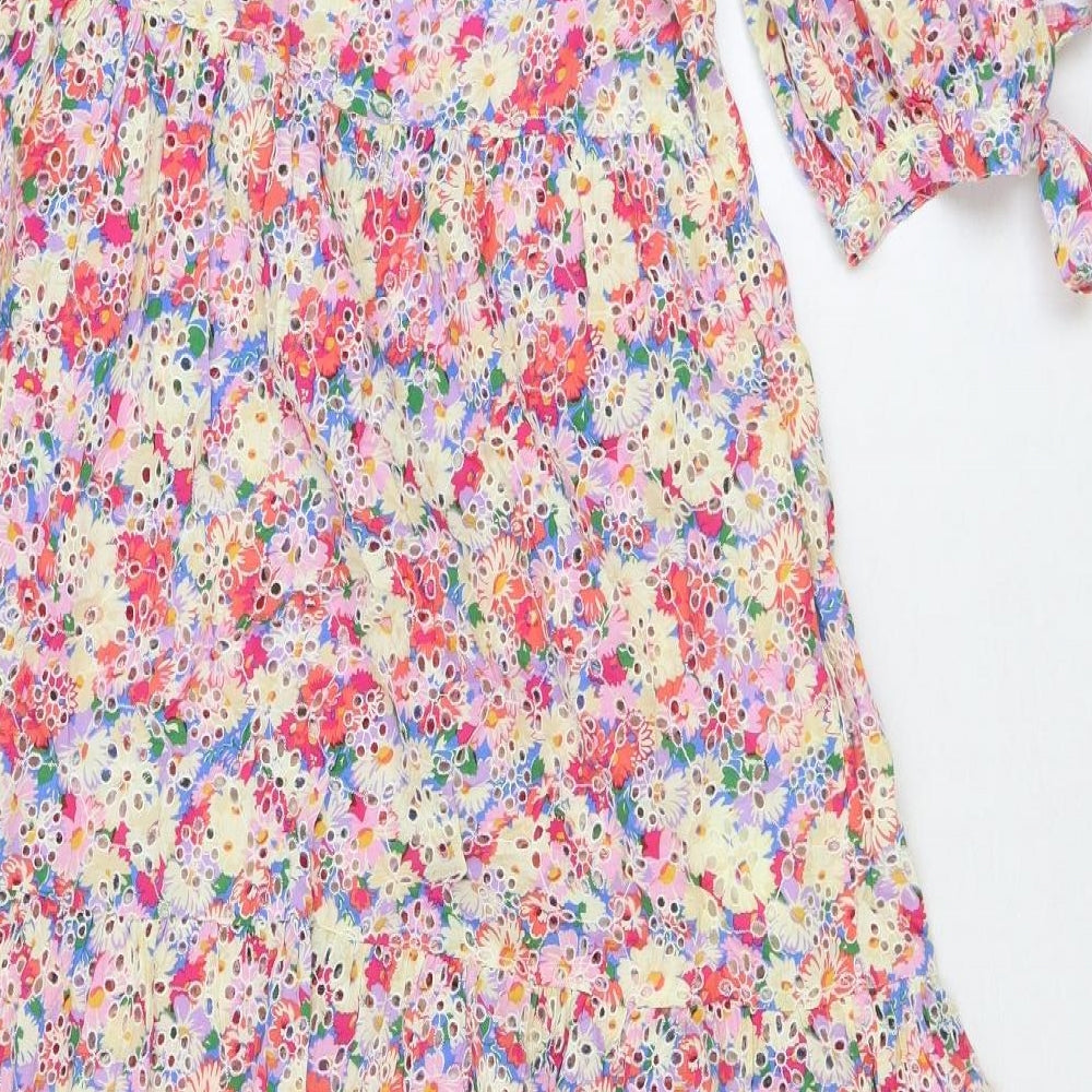 Nobody's Child Womens Multicoloured Floral 100% Cotton A-Line Size 12 Round Neck Button - Tie Sleeve Detail