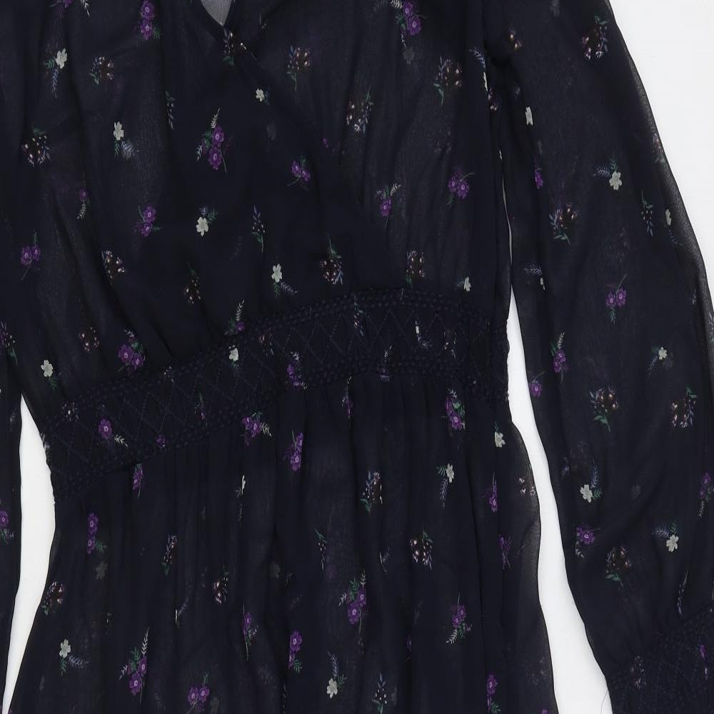 NEXT Womens Blue Floral Viscose A-Line Size 10 V-Neck Zip