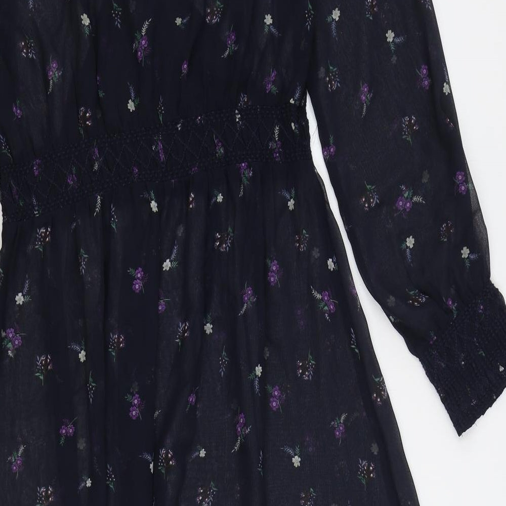 NEXT Womens Blue Floral Viscose A-Line Size 10 V-Neck Zip
