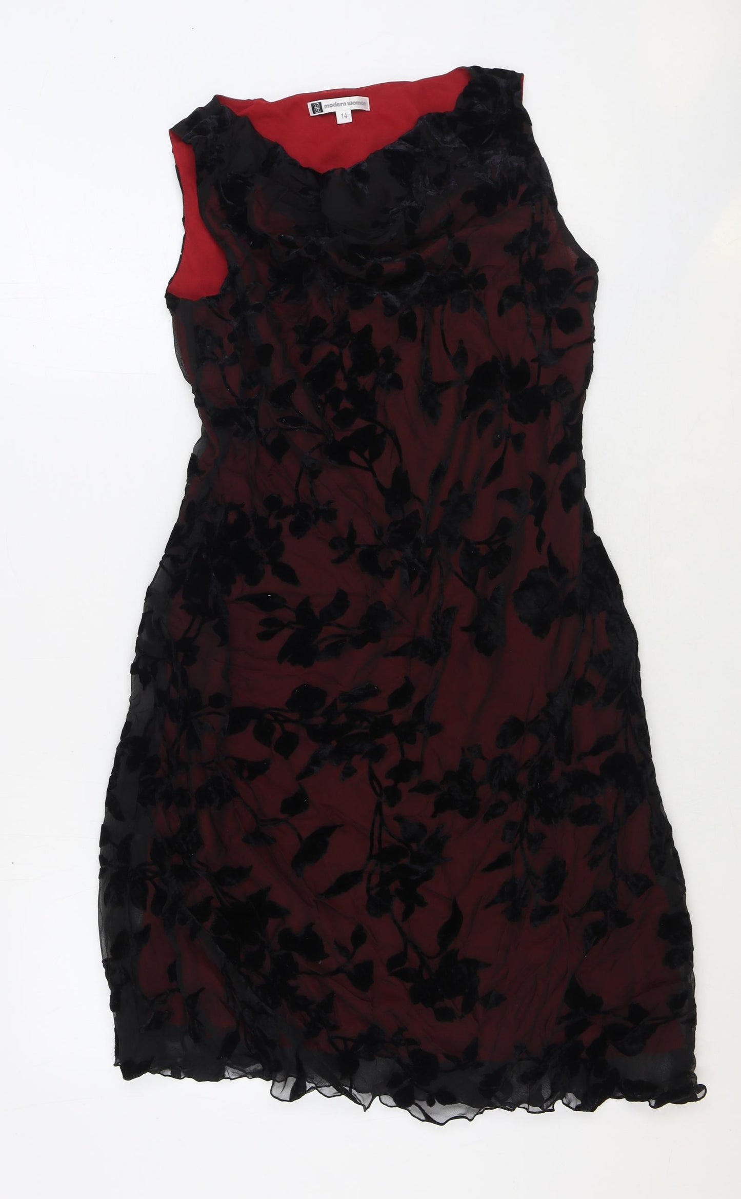 Modern Woman Womens Red Floral Polyester Shift Size 14 Boat Neck Pullover - Lace Overlay