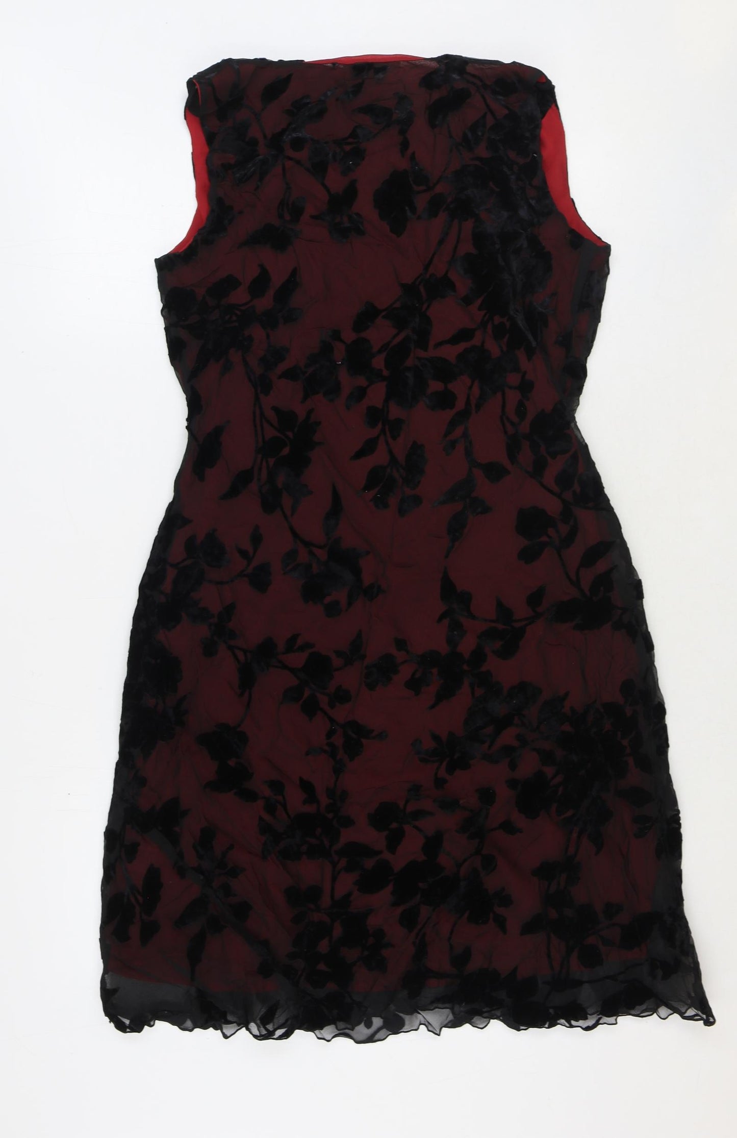 Modern Woman Womens Red Floral Polyester Shift Size 14 Boat Neck Pullover - Lace Overlay