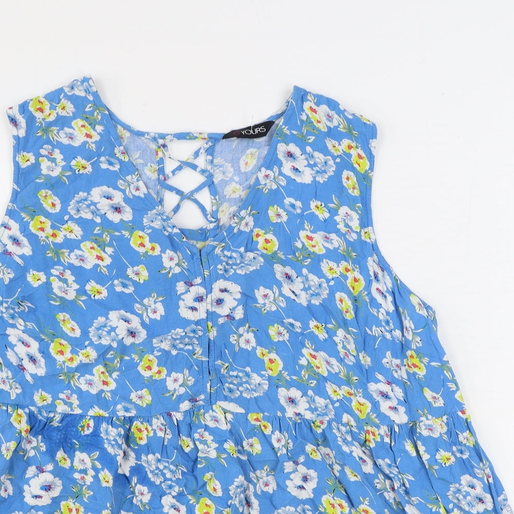 Yours Womens Blue Floral Viscose Basic Blouse Size 24 V-Neck