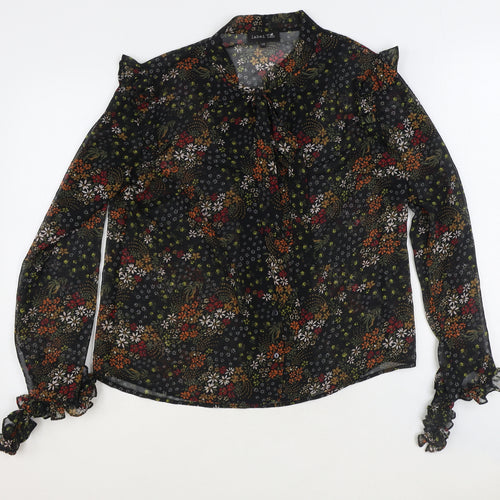 Label Lab Womens Black Floral Viscose Basic Button-Up Size 14 Mock Neck