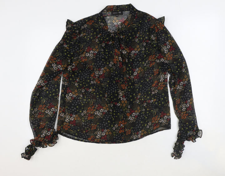 Label Lab Womens Black Floral Viscose Basic Button-Up Size 14 Mock Neck