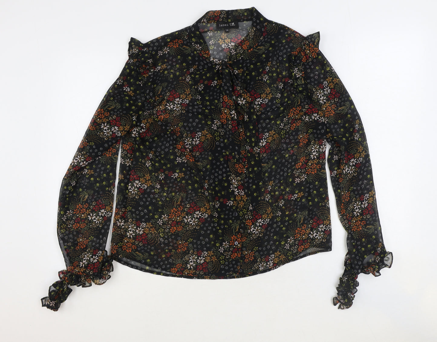 Label Lab Womens Black Floral Viscose Basic Button-Up Size 14 Mock Neck