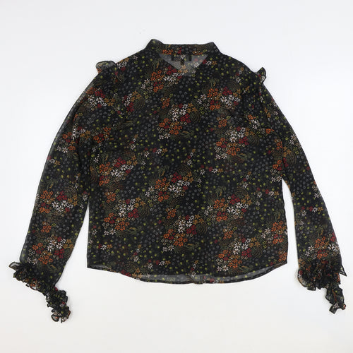 Label Lab Womens Black Floral Viscose Basic Button-Up Size 14 Mock Neck