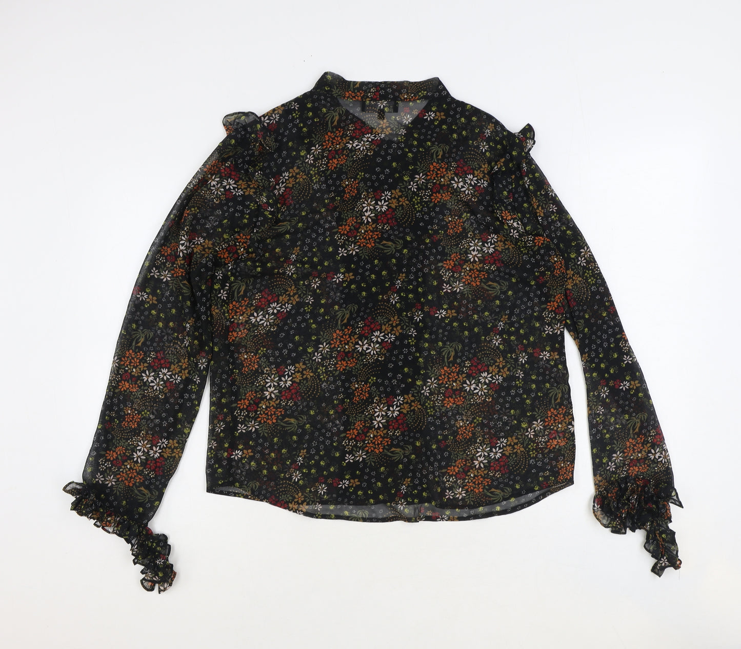Label Lab Womens Black Floral Viscose Basic Button-Up Size 14 Mock Neck
