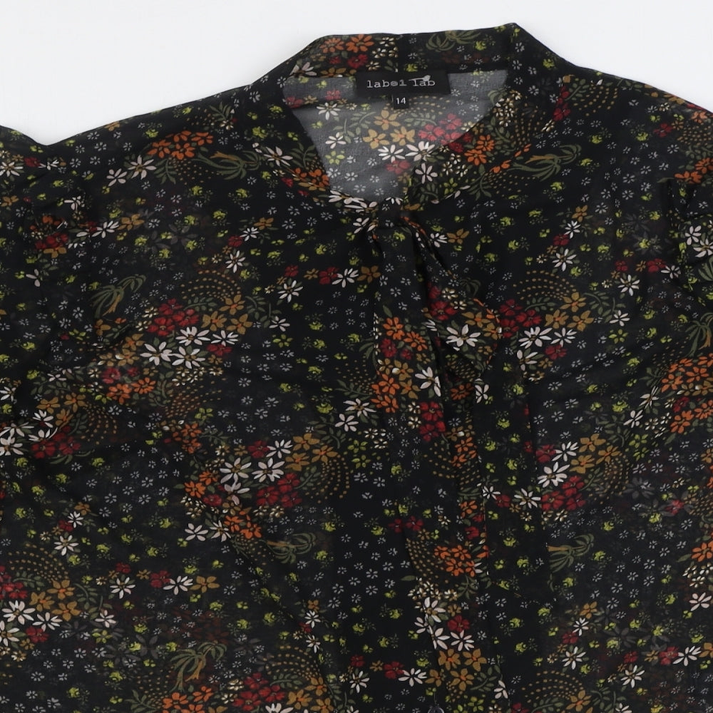 Label Lab Womens Black Floral Viscose Basic Button-Up Size 14 Mock Neck