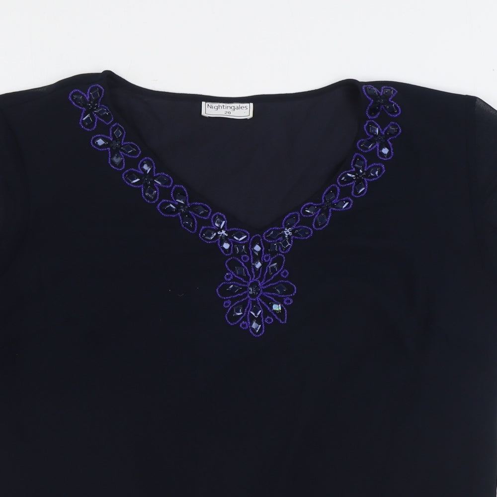 Nightingales Womens Blue Polyester Basic Blouse Size 20 V-Neck - Embellished Neckline