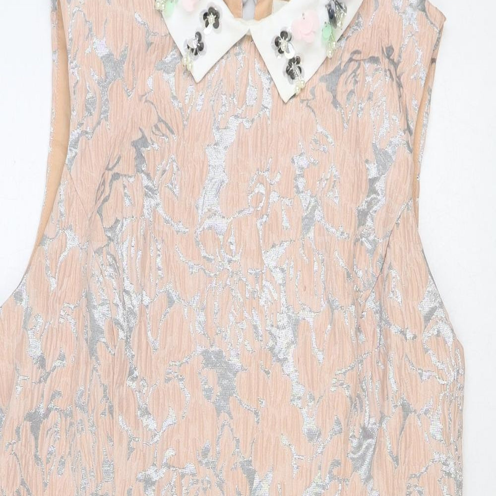 River Island Womens Pink Geometric Polyester Shift Size 18 Collared Zip - Embellished Collar