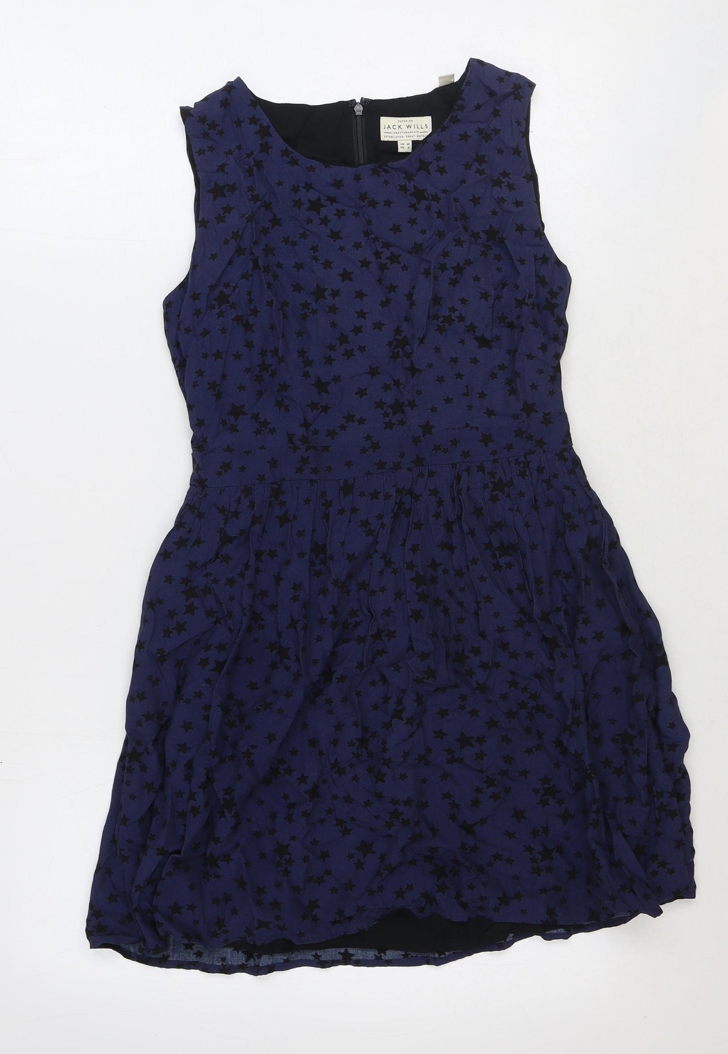 Jack Wills Womens Blue Geometric Viscose Skater Dress Size 10 Boat Neck Zip - Star Print