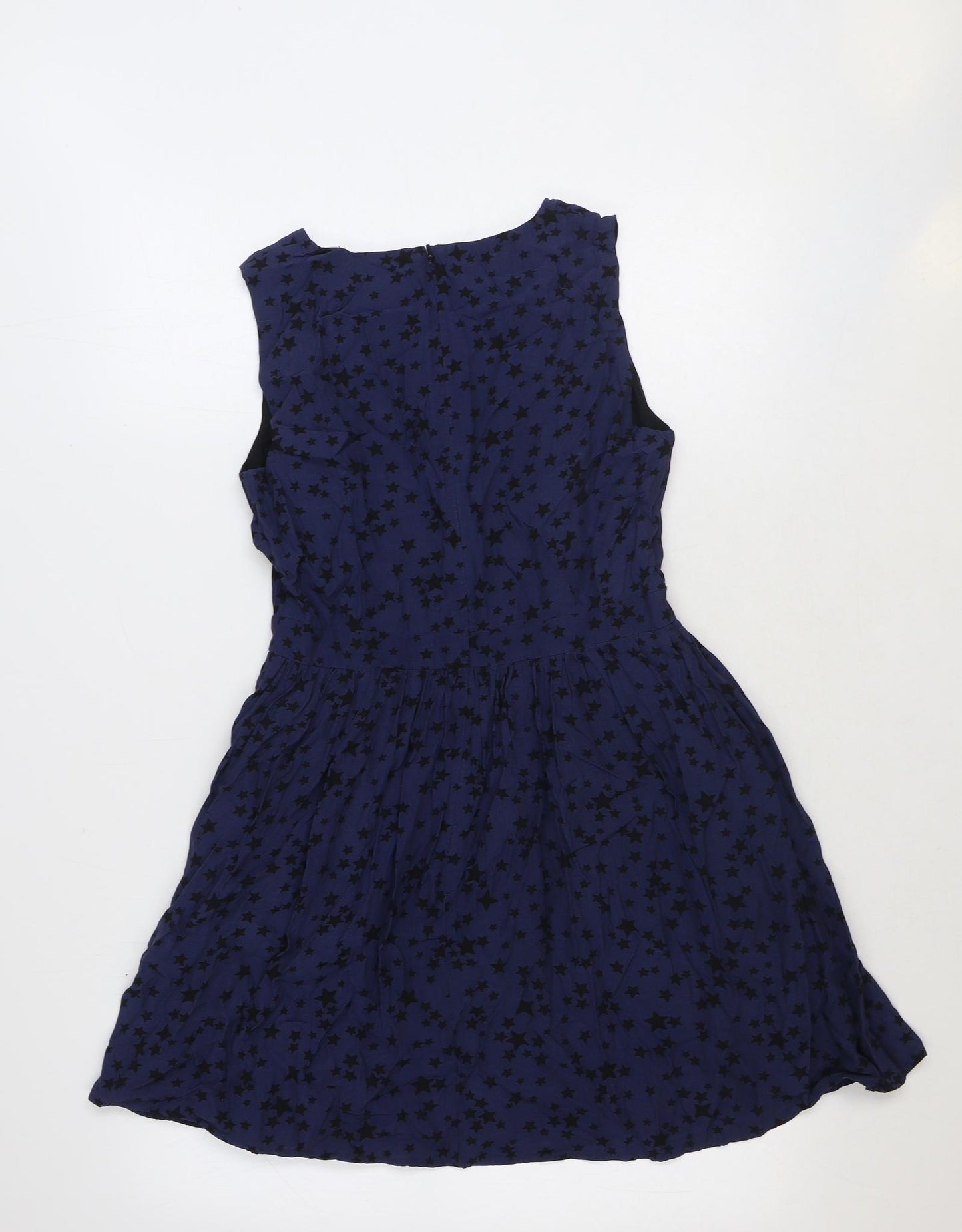 Jack Wills Womens Blue Geometric Viscose Skater Dress Size 10 Boat Neck Zip - Star Print