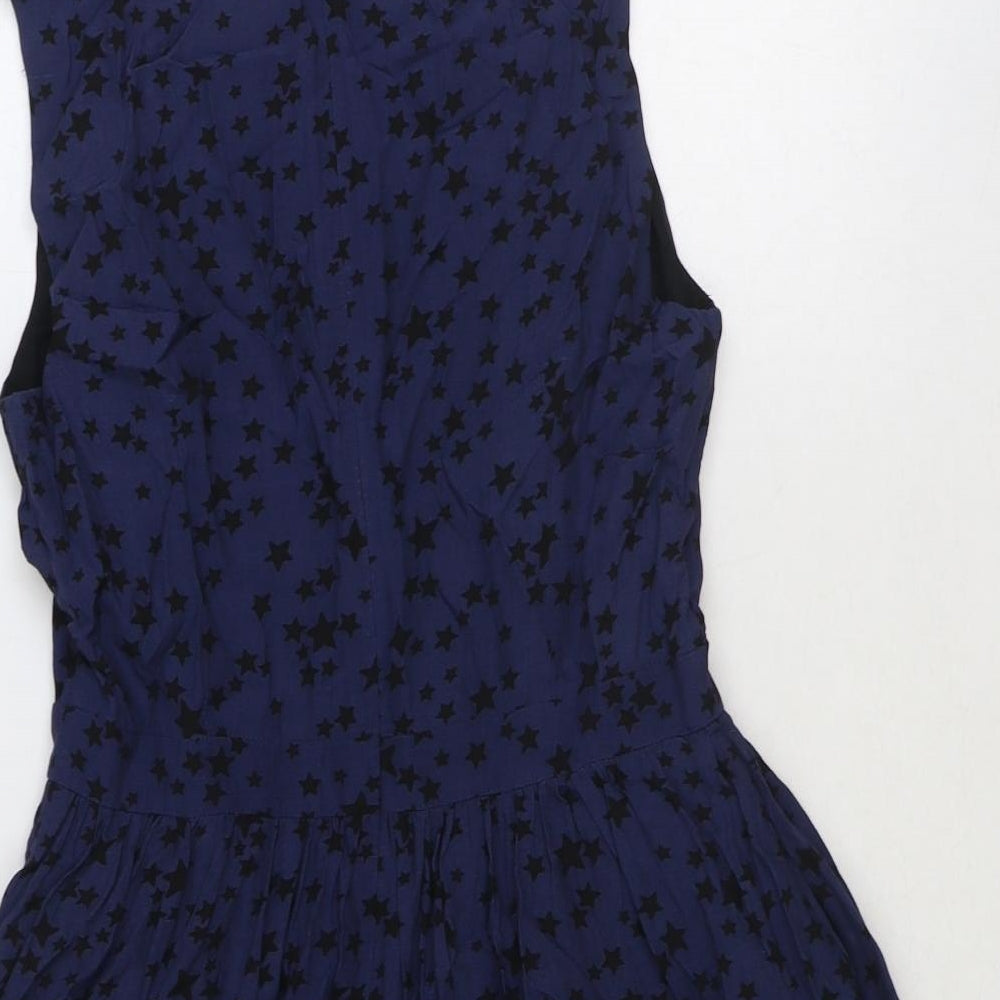 Jack Wills Womens Blue Geometric Viscose Skater Dress Size 10 Boat Neck Zip - Star Print