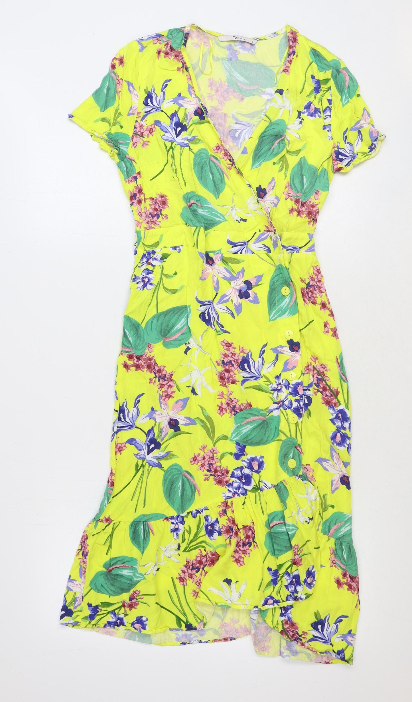 TU Womens Yellow Floral Polyester Trapeze & Swing Size 8 V-Neck Button