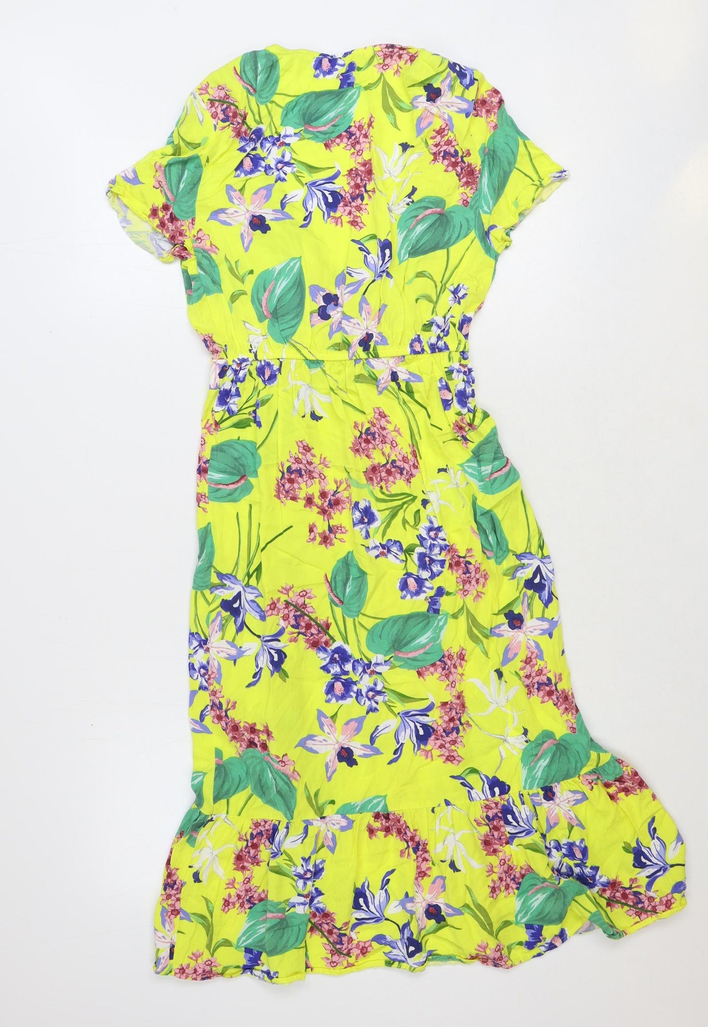 TU Womens Yellow Floral Polyester Trapeze & Swing Size 8 V-Neck Button