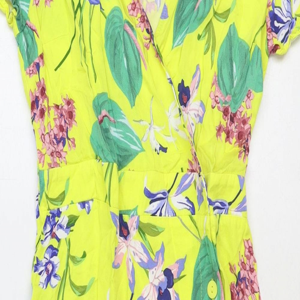 TU Womens Yellow Floral Polyester Trapeze & Swing Size 8 V-Neck Button