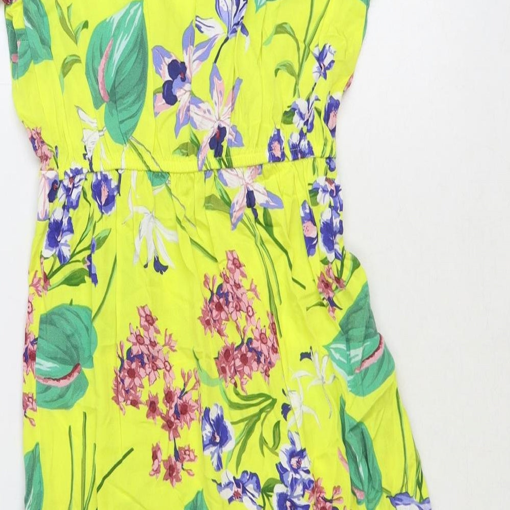 TU Womens Yellow Floral Polyester Trapeze & Swing Size 8 V-Neck Button
