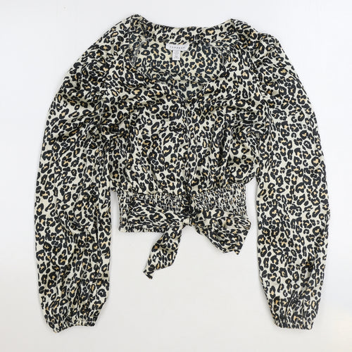 Topshop Womens Brown Animal Print Polyester Cropped Blouse Size 6 V-Neck - Leopard Print Tie Front