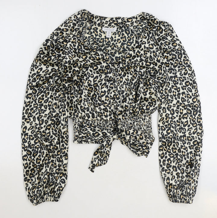 Topshop Womens Brown Animal Print Polyester Cropped Blouse Size 6 V-Neck - Leopard Print Tie Front