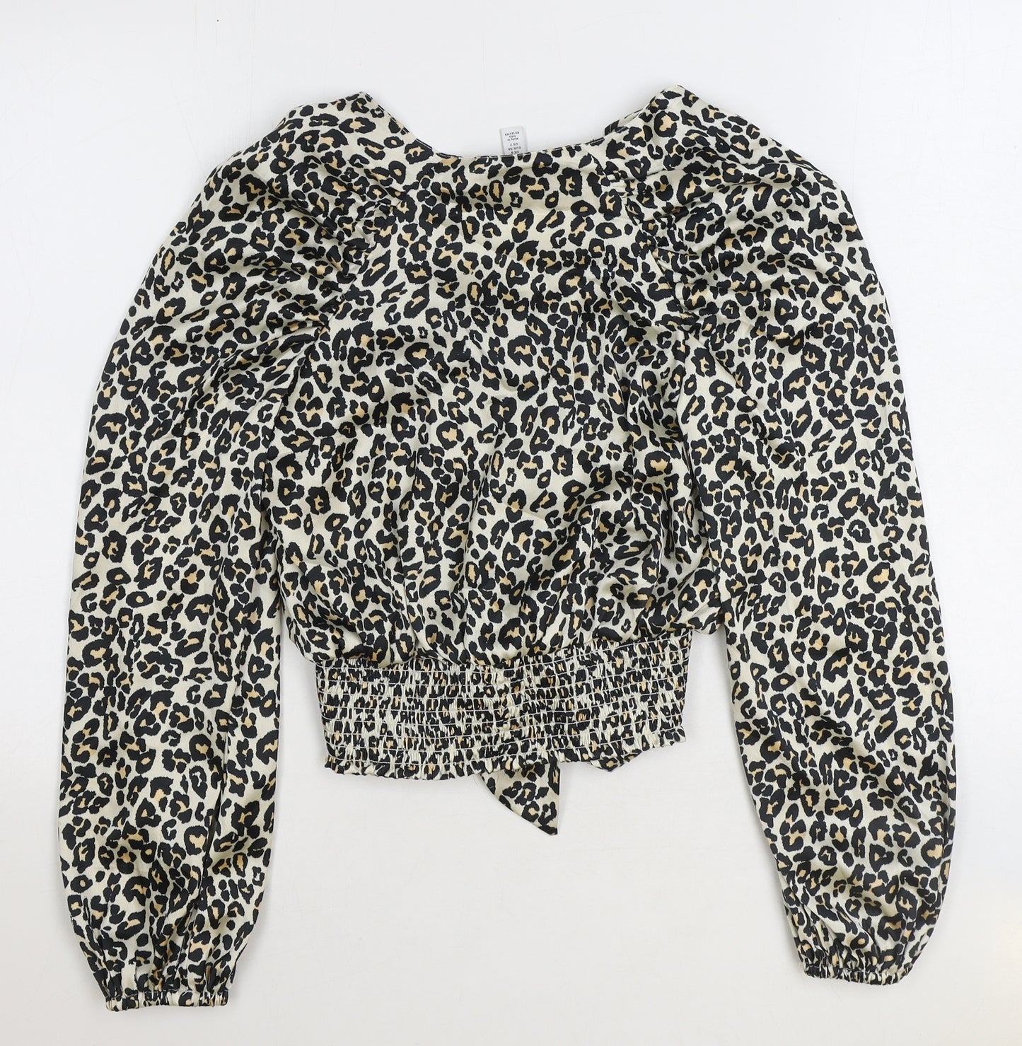 Topshop Womens Brown Animal Print Polyester Cropped Blouse Size 6 V-Neck - Leopard Print Tie Front