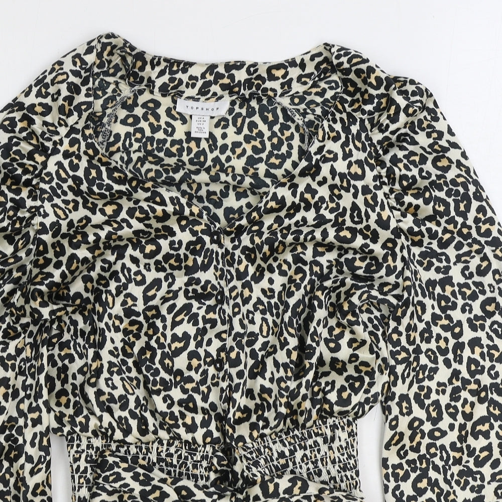 Topshop Womens Brown Animal Print Polyester Cropped Blouse Size 6 V-Neck - Leopard Print Tie Front