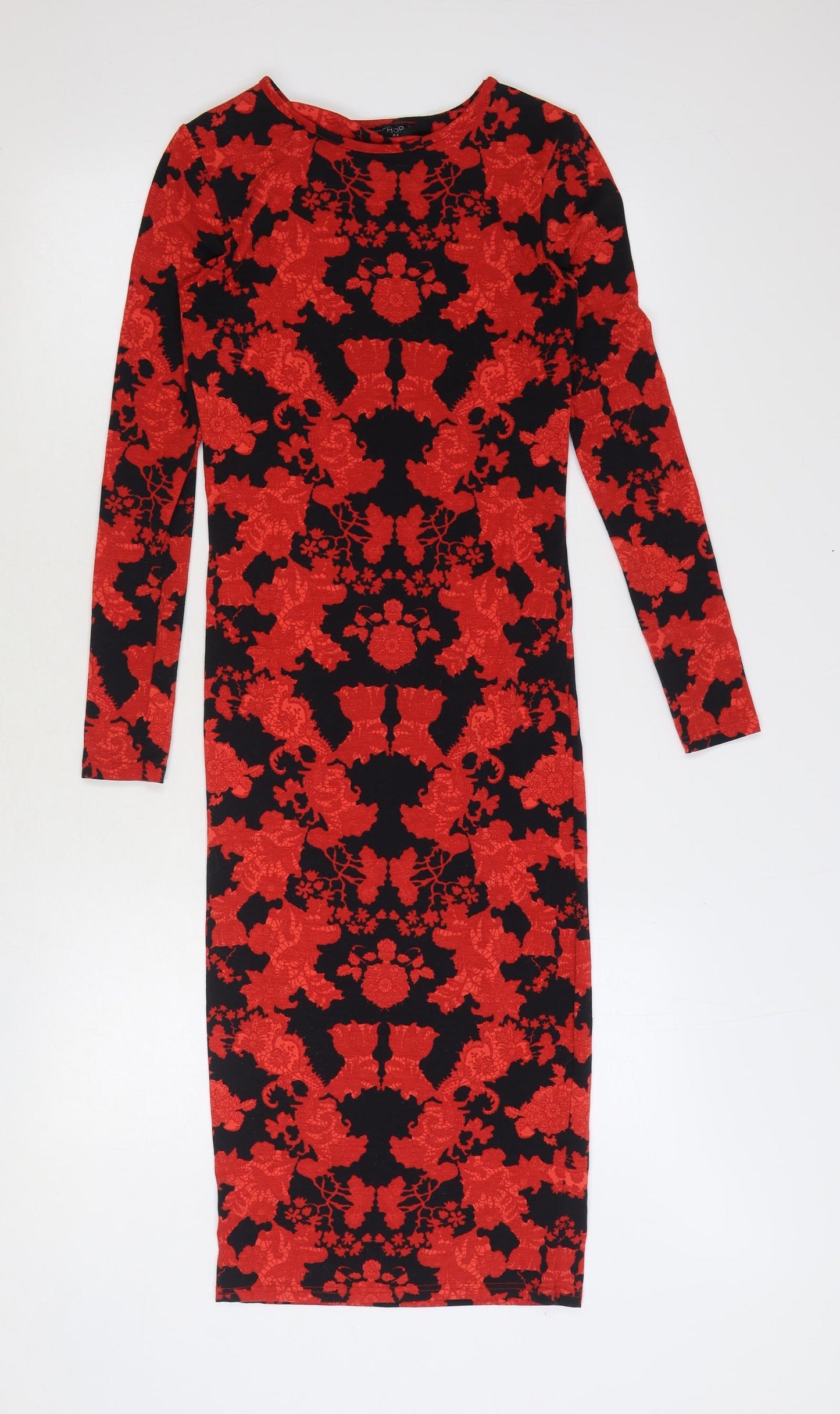 Topshop Womens Red Geometric Polyester Bodycon Size 8 Round Neck Pullover