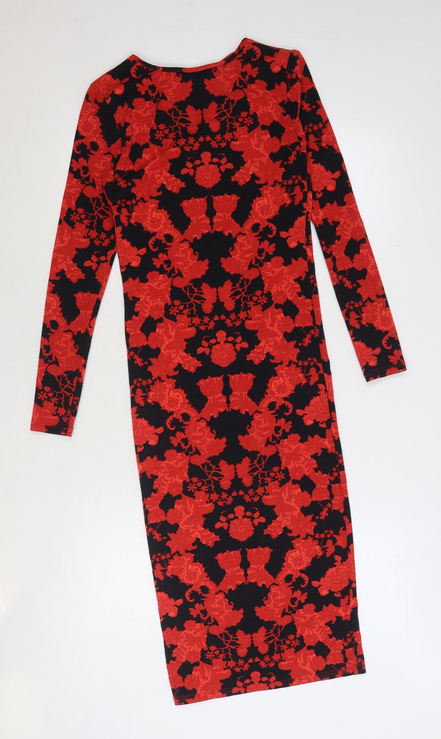 Topshop Womens Red Geometric Polyester Bodycon Size 8 Round Neck Pullover