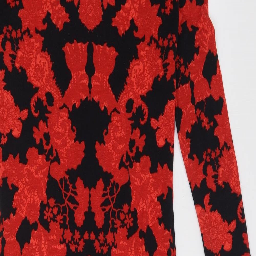 Topshop Womens Red Geometric Polyester Bodycon Size 8 Round Neck Pullover