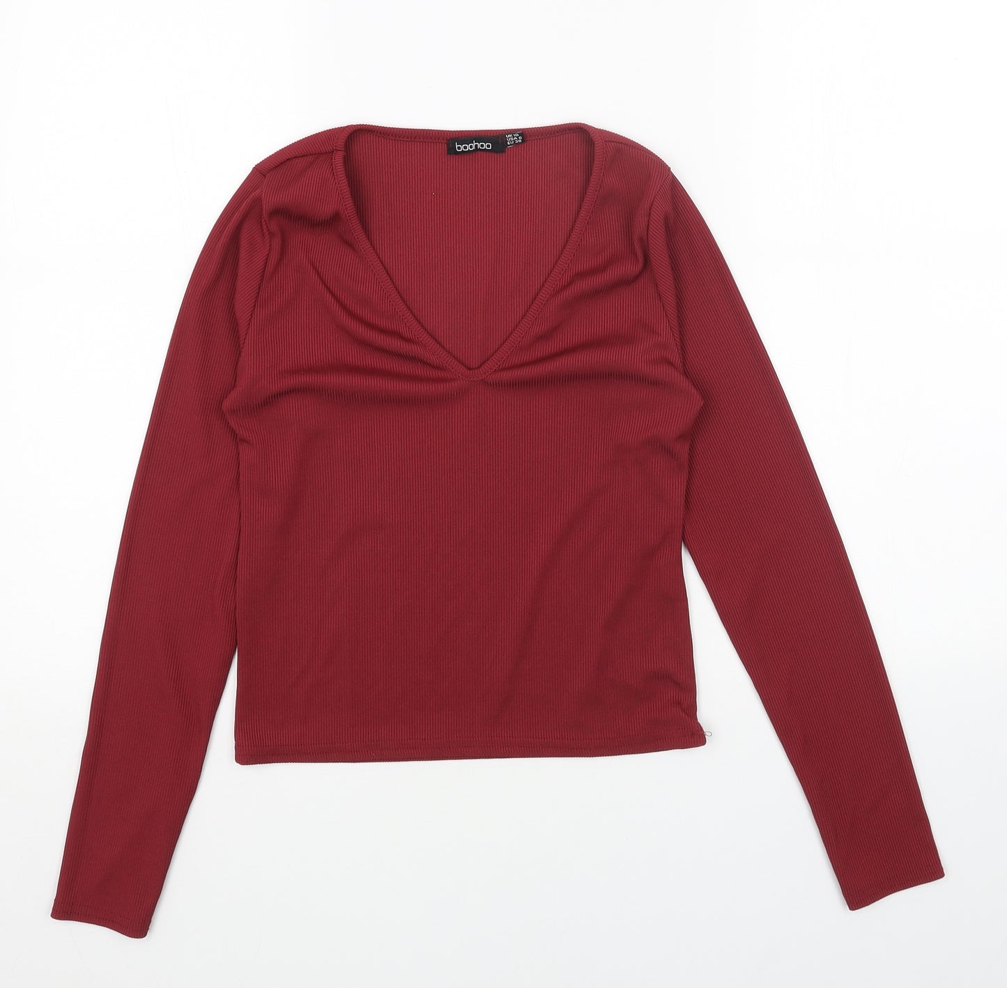 Boohoo Womens Red Polyester Basic T-Shirt Size 10 V-Neck - Ribbed