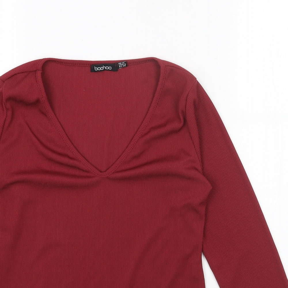 Boohoo Womens Red Polyester Basic T-Shirt Size 10 V-Neck - Ribbed