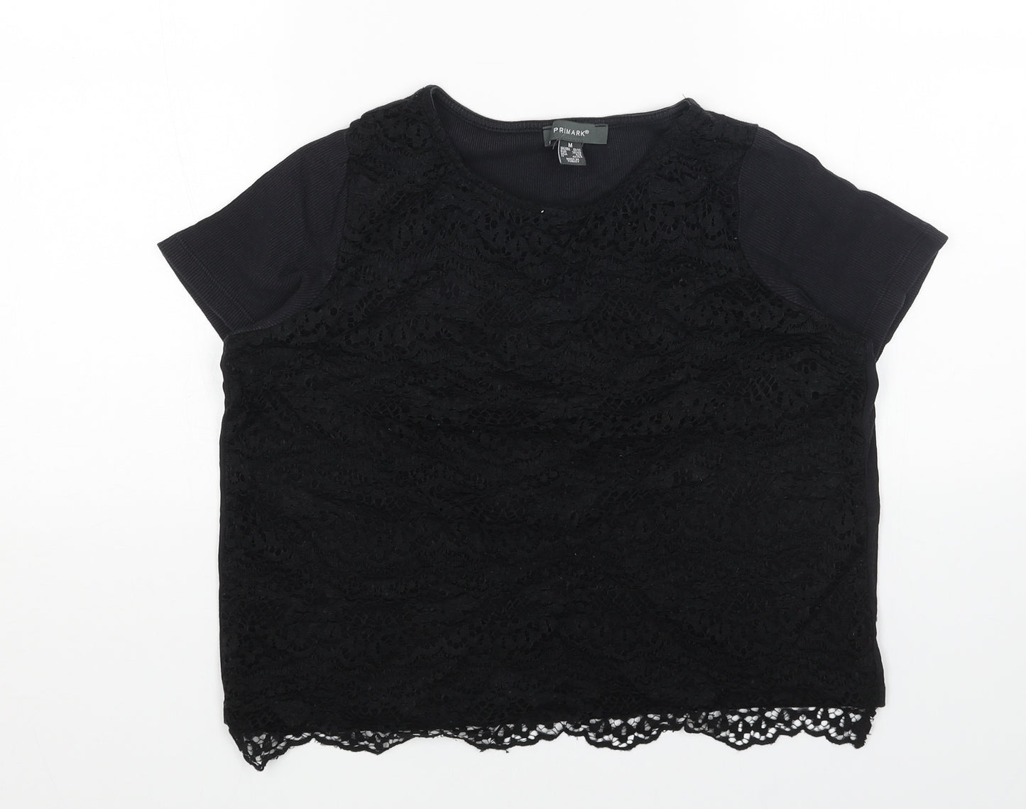 Primark Womens Black Cotton Basic T-Shirt Size M Round Neck - Lace Front
