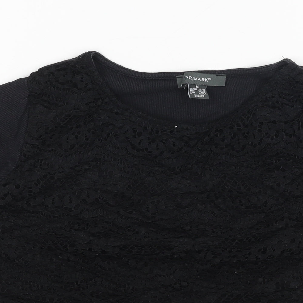 Primark Womens Black Cotton Basic T-Shirt Size M Round Neck - Lace Front