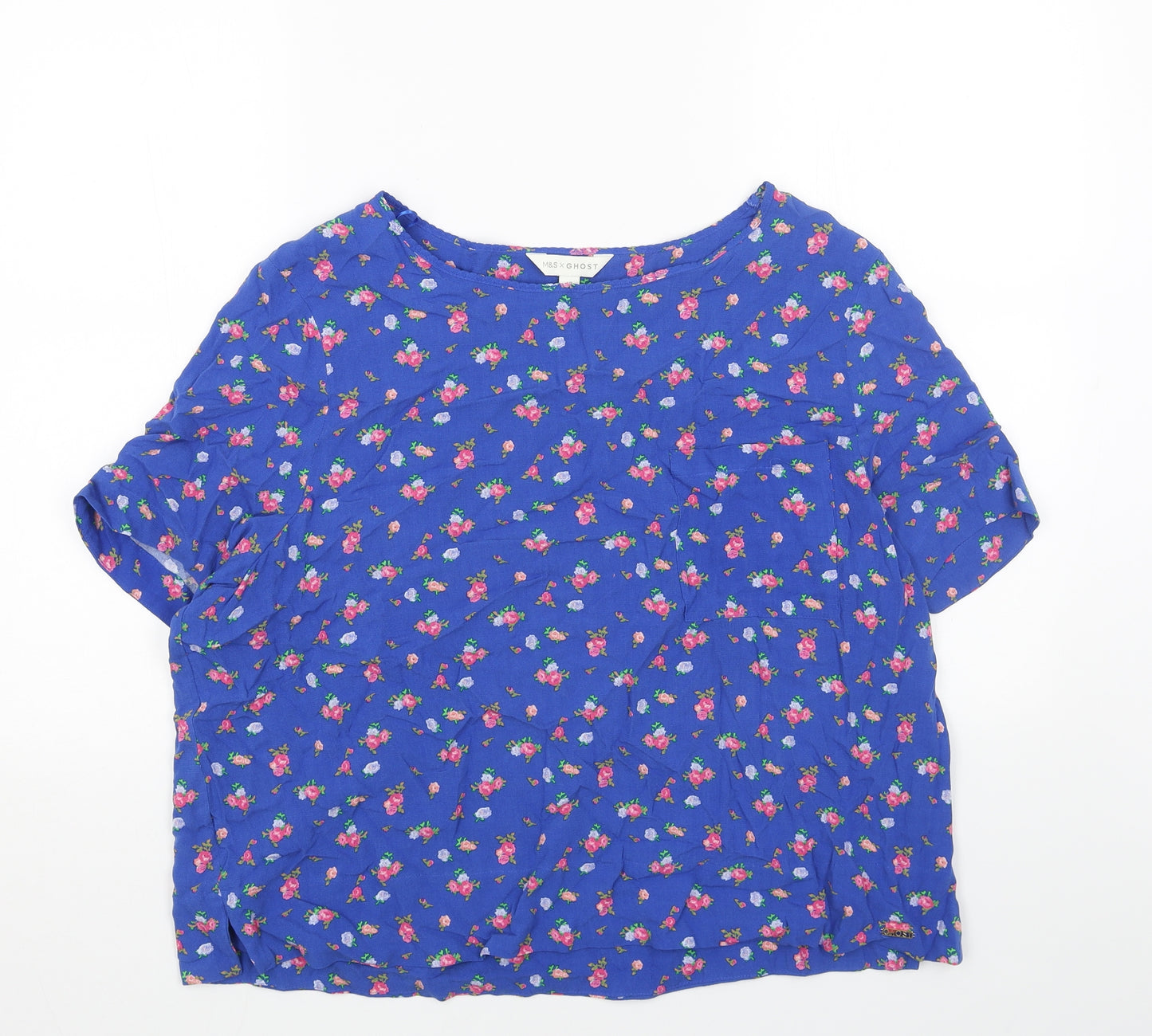 Ghost Womens Blue Floral Viscose Basic T-Shirt Size 18 Boat Neck