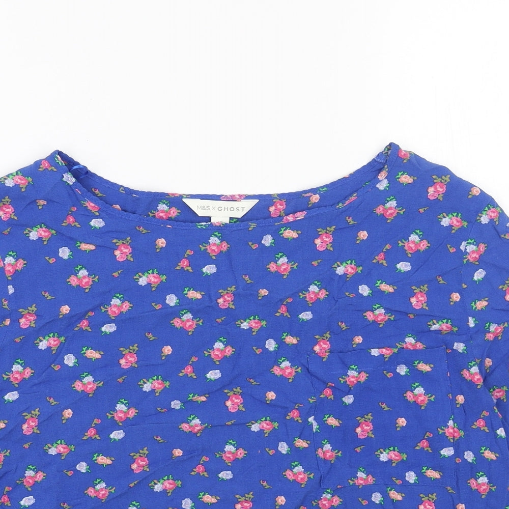 Ghost Womens Blue Floral Viscose Basic T-Shirt Size 18 Boat Neck