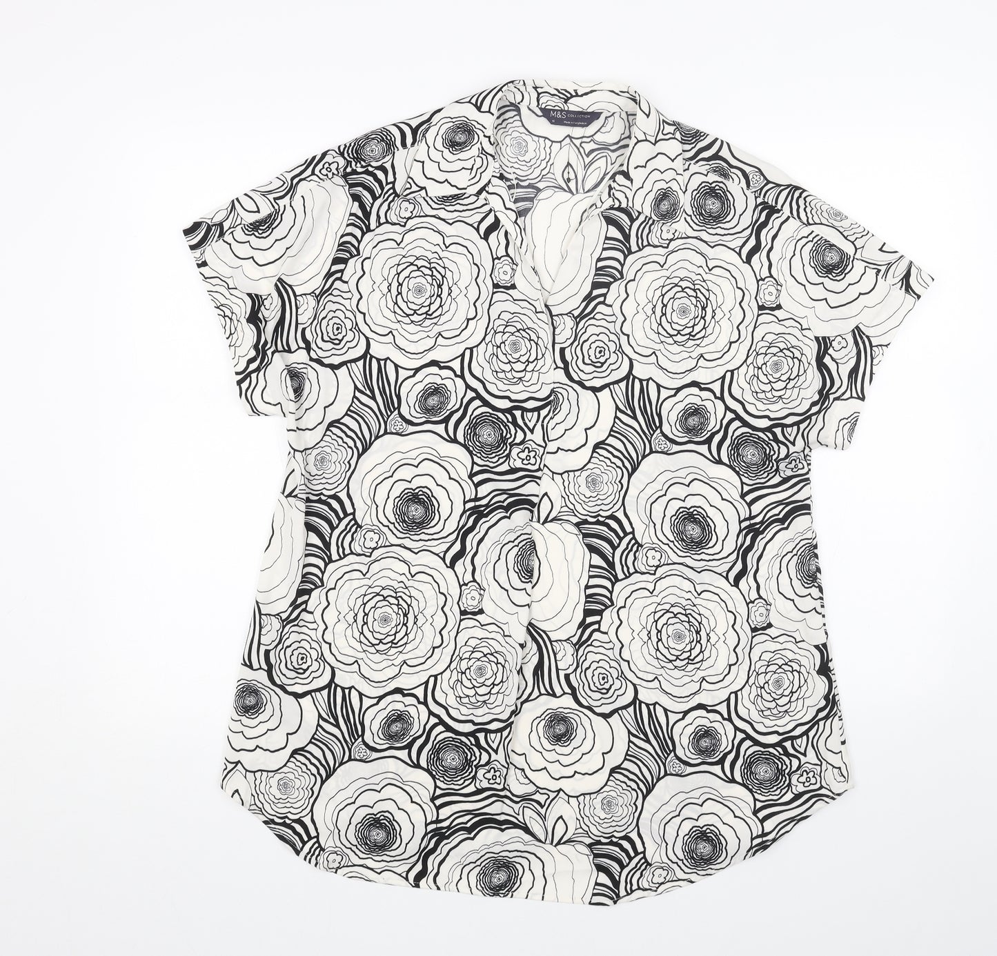 Marks and Spencer Womens White Floral Polyester Basic Blouse Size 10 V-Neck