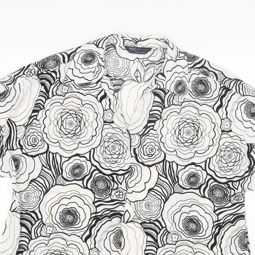 Marks and Spencer Womens White Floral Polyester Basic Blouse Size 10 V-Neck