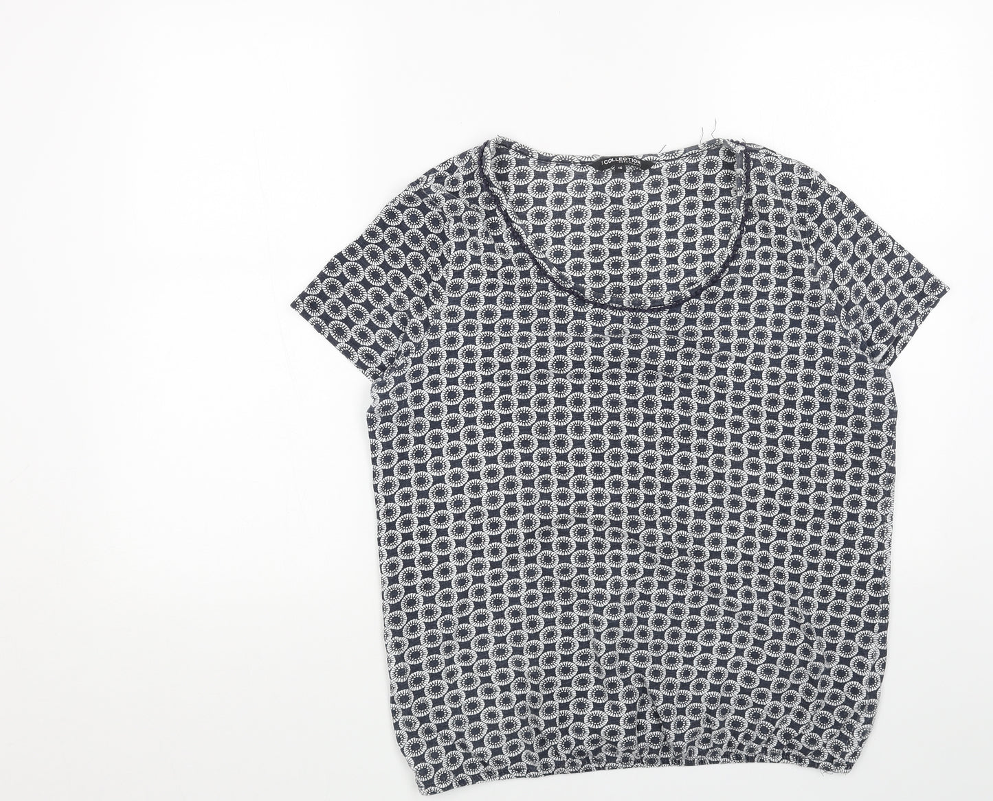 Collections Womens Blue Geometric Cotton Basic T-Shirt Size 16 Scoop Neck