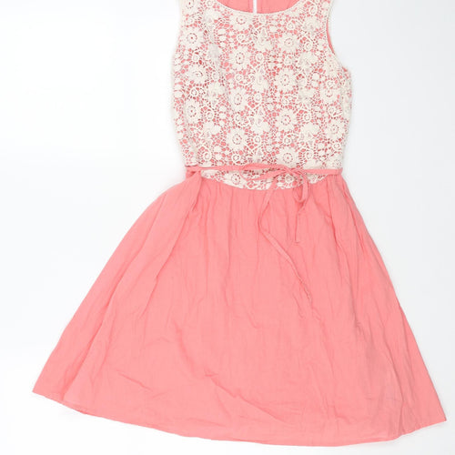 New Look Womens Pink Cotton Fit & Flare Size 8 Boat Neck Button - Lace Top