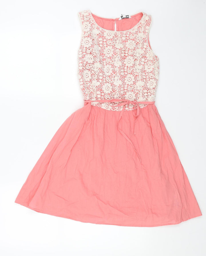New Look Womens Pink Cotton Fit & Flare Size 8 Boat Neck Button - Lace Top