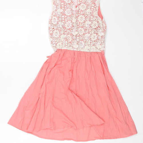 New Look Womens Pink Cotton Fit & Flare Size 8 Boat Neck Button - Lace Top
