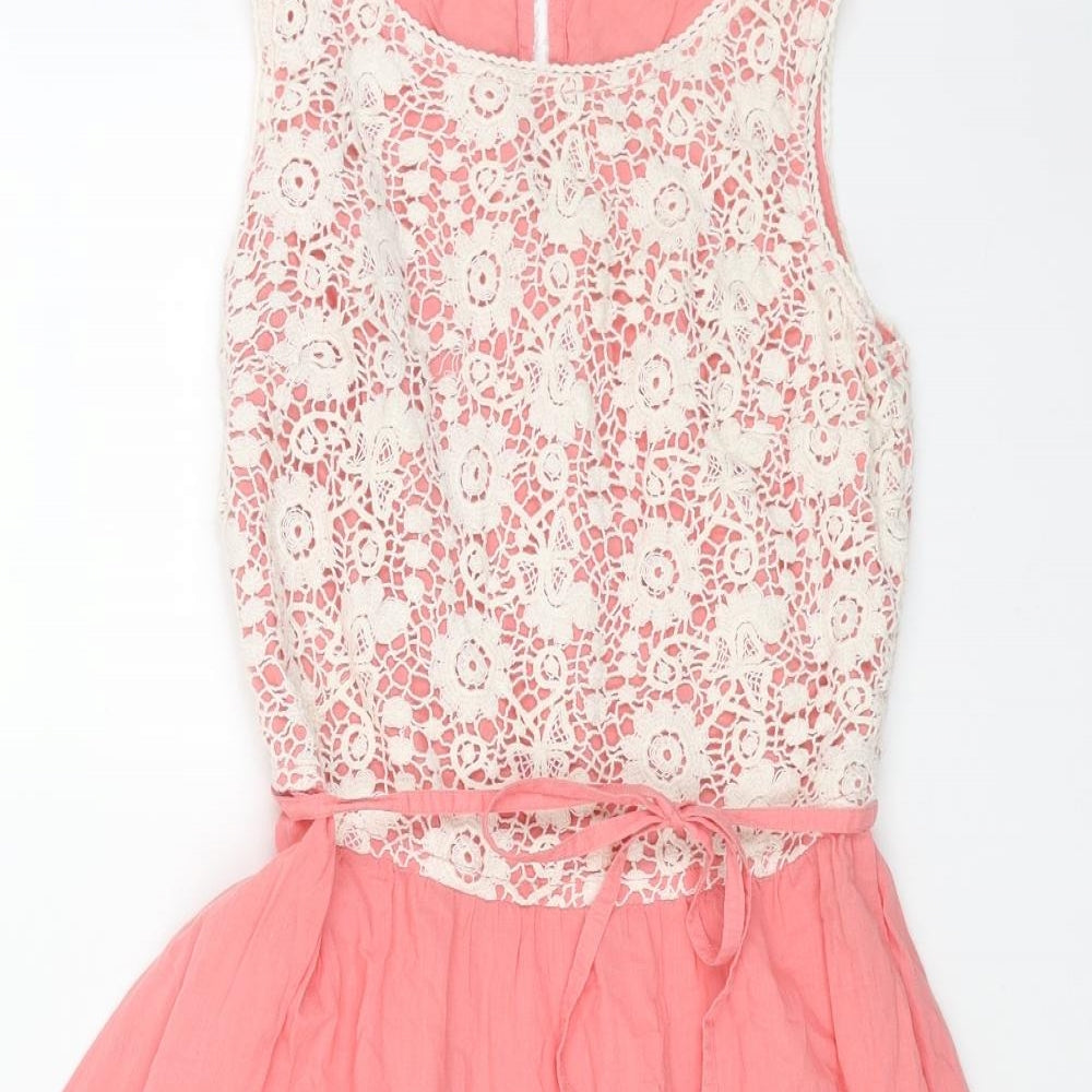 New Look Womens Pink Cotton Fit & Flare Size 8 Boat Neck Button - Lace Top